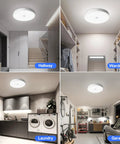Rechargeable Ceiling Light With Motion Sensor And Remote 12000mAh Battery Powered Closet Light For Shower Garage And Porch Long Lasting Bright 6500K Cool White Wireless Easy Install shown in hallway, wardrobe, laundry, and garage settings.