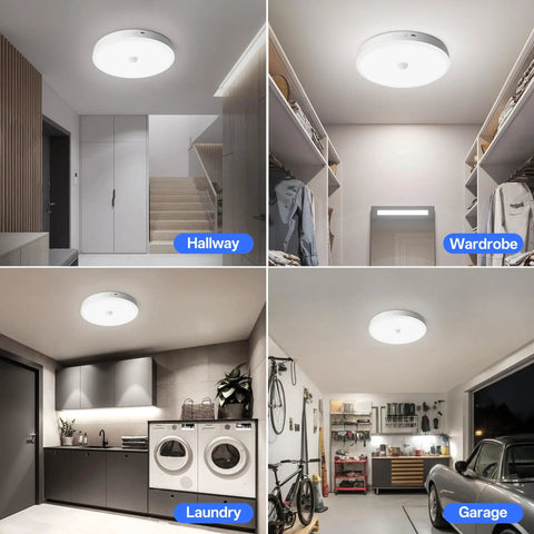 Rechargeable Ceiling Light With Motion Sensor And Remote 12000mAh Battery Powered Closet Light For Shower Garage And Porch Long Lasting Bright 6500K Cool White Wireless Easy Install shown in hallway, wardrobe, laundry, and garage settings.