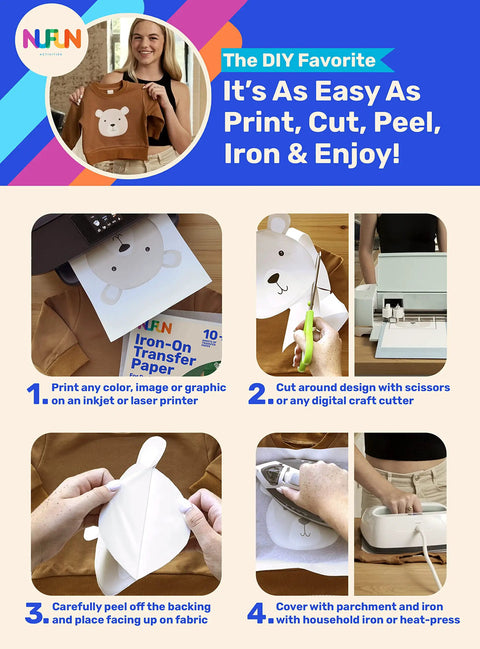 Dark Fabric Iron On Transfer Paper For T Shirts 8.5x11 Inches 5 Sheets Pro Grade Long Lasting Durable Easy DIY Non Toxic Made In The USA Perfect For Home Crafters And Family Projects instructions with images.