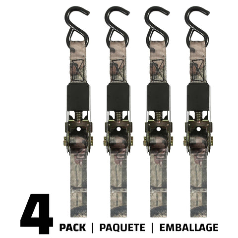 Mossy Oak Break Up Infinity Camo 1 Inch By 8 Foot Ratchet Tie Down Straps 4 Pack with S Hook Ends