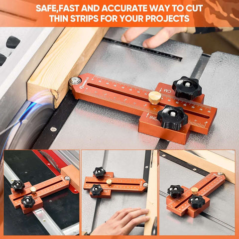 Thin Rip Jig for table saw, orange guide with ruler scales and black knobs; fits 3/8 x 3/4 in T-slot, Amazon