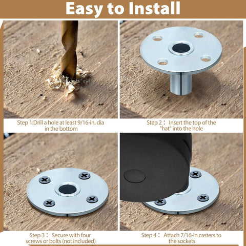 Four pieces broad brimmed hat caster sockets for 7/16 inch caster stem stainless steel sleeve inserts installation steps
