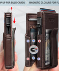 Airtag Wallet For Men With Money Clip And 10 Card Capacity, Slim Metal Case Pop Up Card Holder, magnetic closure detail