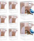 No Sweat Automatic Parrot Feeder Cups Bulk Pack holding seeds with two small birds perched, clear PP material, 350g capacity.