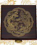 Mechanical Skeleton Pocket Watch With Roman Numerals, Double Case, Dragon Phoenix Carving Brown Wood Finish Box, Standable Table Display