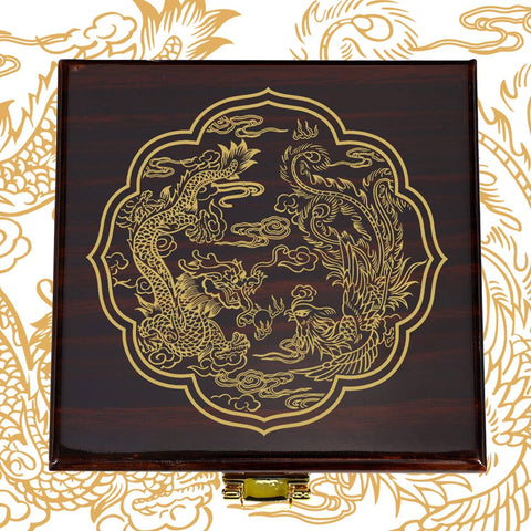 Mechanical Skeleton Pocket Watch With Roman Numerals, Double Case, Dragon Phoenix Carving Brown Wood Finish Box, Standable Table Display