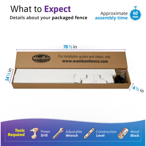 Box contents of 6ft High No Dig Privacy Gate Kit 4ft Wide White Vinyl Fence Gate With Hardware Included For Yard And Garden Durable Outdoor Gate For Easy Fence Install And Backyard Privacy.