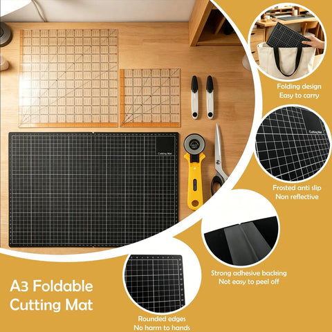Rotary Cutter Set 45mm Fabric Cutter With A3 Self Healing Cutting Mat, two rulers, scissors, and craft tools on table.