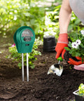 3 In 1 Soil Moisture Light And pH Tester Battery Free Gardening Tool in use with garden plants and shovel nearby