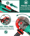 Cordless 18V Angle Grinder With 8500 RPM, 4.0Ah Battery showing safety switch and wheel guard adjustment.