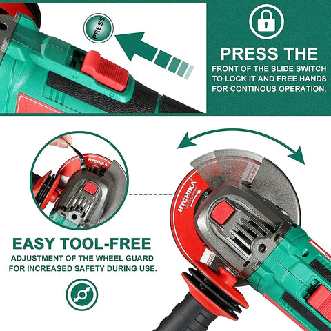 Cordless 18V Angle Grinder With 8500 RPM, 4.0Ah Battery showing safety switch and wheel guard adjustment.