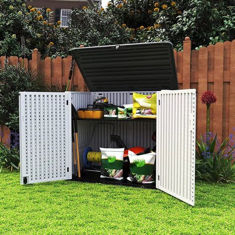 Big Weatherproof Outdoor Storage Shed Box For Garden And Backyard, Waterproof 48 Cu Ft Capacity, holds tools and equipment