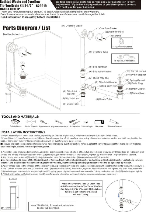 Parts diagram of Solid Heavy Duty Brass Tub Drain Set With Tip Toe Stopper Overflow Plate And Matching Plug In Sweet Champagne Bronze Finish.
