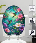 Elongated Vibrant Hummingbirds Butterflies Chinoiserie Toilet Seat with floral design, sturdy resin, easy installation.