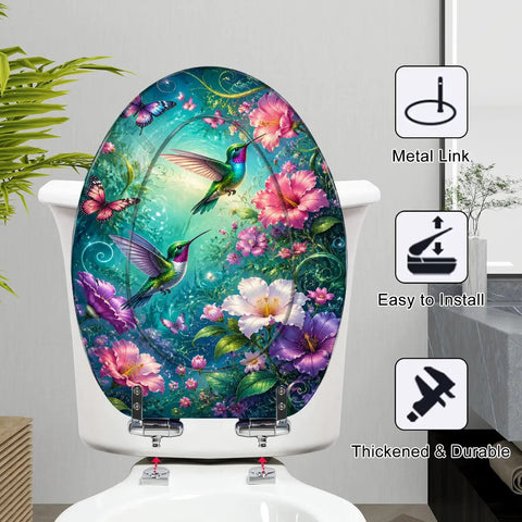 Elongated Vibrant Hummingbirds Butterflies Chinoiserie Toilet Seat with floral design, sturdy resin, easy installation.