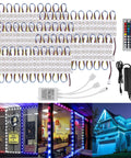 50 Foot LED Light Modules For Storefronts And Signs 100 Pack 0.92W Three LED SMD RGB Waterproof Adhesive Modules For Store Ads And Decor With Seven Color Options displayed with remote and power adapter, showing installation examples in storefronts and homes.