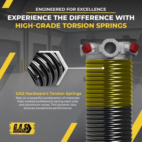 High-grade torsion springs with aluminum cones and heat-treated steel coils in garage setting.