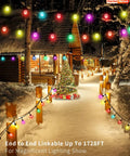 Winter scene with colorful string lights and snow-covered cabin, showcasing 72 Ft LED Outdoor String Lights Two 36 Ft Strands Color Changing RGBW.