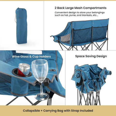 Portable Folding Double Duo Camping Chair Loveseat For Two With Extra Cozy Padding And Wine Glass Holders showing features