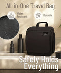 On The Go Travel Toiletry Bag With Ten Compartments Hanging Cosmetic Organizer in water-resistant nylon on a bathroom counter.