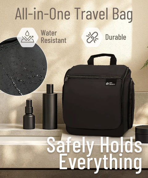 On The Go Travel Toiletry Bag With Ten Compartments Hanging Cosmetic Organizer in water-resistant nylon on a bathroom counter.