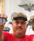 Mike Bucca Baby Bull Gill Swimbait, 3.75 Inch, Three Quarters Ounce Ruby Gill held by person in workshop
