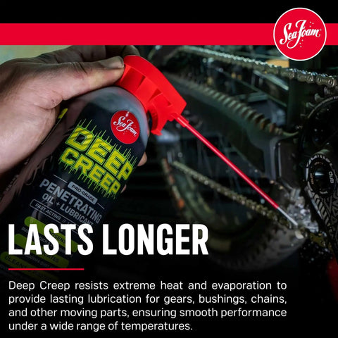 Hand using Deep Creep Penetrating Oil And Lubricant DC14 12 Ounce Pack Of 6 For Metal Parts Rust Release Gears Chains