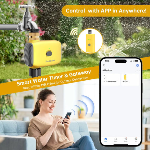 Smart WiFi Hose Timer For Garden And Lawn Irrigation With 1 Outlet Brass Swivel Inlet App Remote Control Rain Delay Manual Operation Durable Outdoor Water Timer Leakproof Easy Install showcasing app connectivity and gateway use.