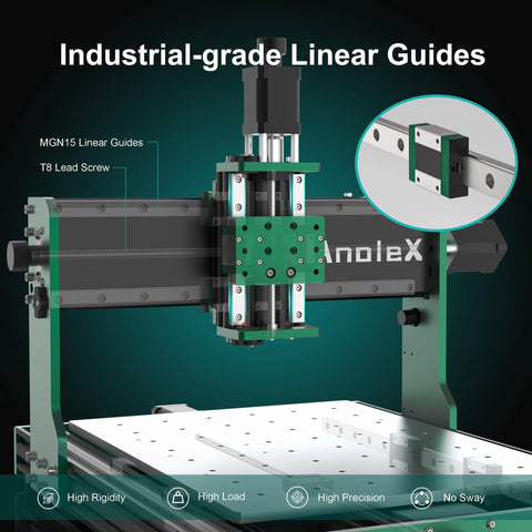 AnoleX CNC Router 3030-Evo Max with all-metal XYZ axis and dual steel linear guides; 800W trimmer router