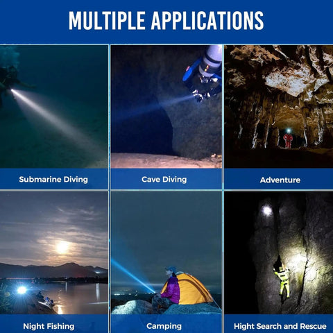Image showing Dive Light 1000 Lumens For Scuba Night Dives IP68 Waterproof, used in activities like diving, fishing, and camping.