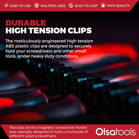 Close-up of high tension clips on Magnetic Screwdriver Organizer With Ultra Strong Neodymium Magnets And Foam Backing Doubles As Toolbox Space Saver Holds Up To 16 Screwdrivers Red Tool Holder For Steel Surfaces Heavy Duty Rack