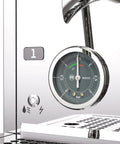 Close-up of pressure gauge and chrome details on Mozzafiato FAST V Espresso Machine With Vibratory Pump, Heat Exchanger, PID Temperature Control