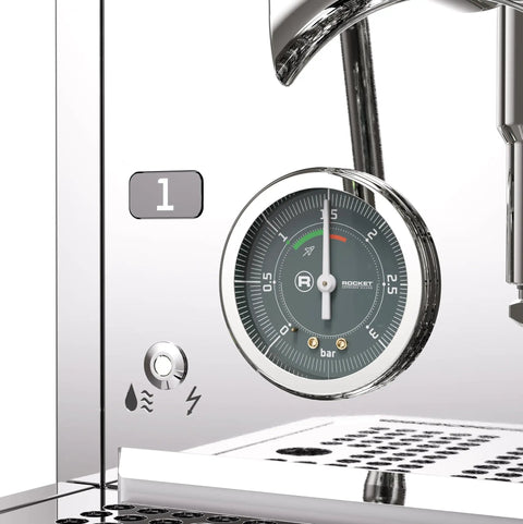 Close-up of pressure gauge and chrome details on Mozzafiato FAST V Espresso Machine With Vibratory Pump, Heat Exchanger, PID Temperature Control