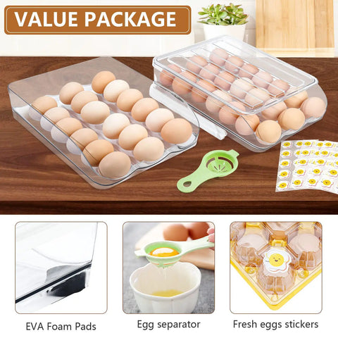 Egg Organizer For Refrigerator, 36 Egg Stackable Storage Box with eggs, EVA foam pads, egg separator, and egg stickers