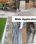 Heavy Duty Trench Drain Kit For Yard, Driveway And Sidewalk installed in various outdoor settings, SMC resin trench visible