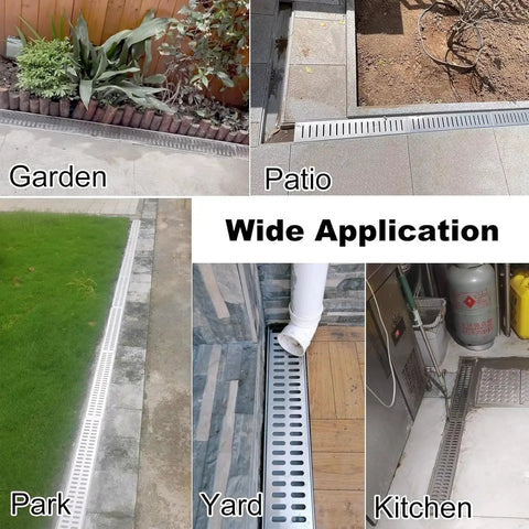 Heavy Duty Trench Drain Kit For Yard, Driveway And Sidewalk installed in various outdoor settings, SMC resin trench visible