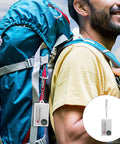 Hiker with backpack featuring Two Pack Portable Keychain Compass With Thermometer Wear Resistant Mini Pocket Navigator attached