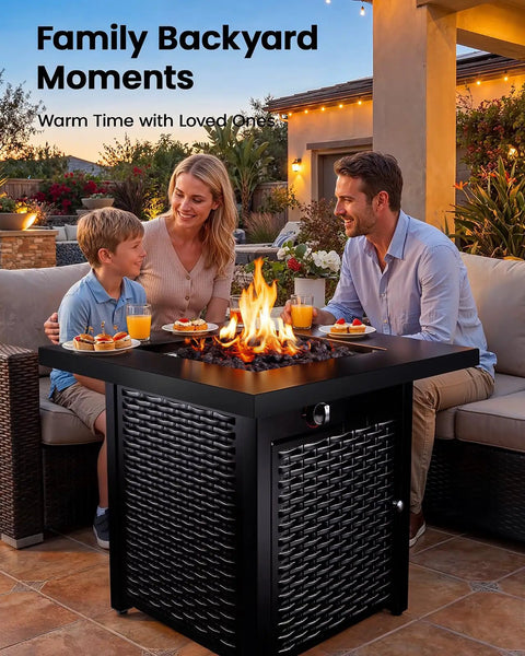 Family enjoying 28 Inch Propane Fire Pit Table With 50,000 BTU Heat for backyard parties on patio deck garden with lava rock