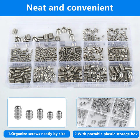 510 Piece Set Screw Kit With M3 M4 M5 M6 M8 Stainless Steel Grub Screws Anti Rust And Corrosion Resistant Hex Socket Hardware For Doors Cabinets Furniture And DIY Projects Easy Install And Long Lasting, assorted screws in organizer box