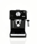 Straight Fire 15 Bar Espresso Machine With Adjustable Steam Wand And Manual Frothing System For Rich Lattes And Quick Shots In Sleek Stainless Steel Finish front view with control panel and steam wand.