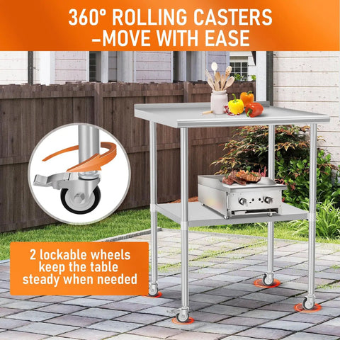 Stainless Steel Prep Table 30 By 30 With Adjustable Undershelf Backsplash And Wheels For Kitchen, Garage, And Outdoor BBQ