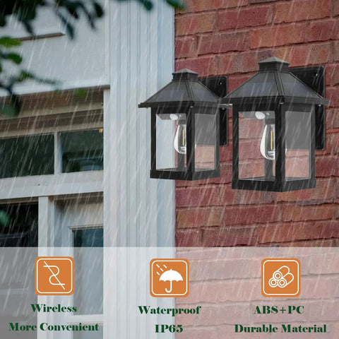 2 Pack Solar Lanterns Outdoor Waterproof IP65 With 3 Modes Wireless Dusk To Dawn Motion Sensor LED Sconce Lights installed on brick wall