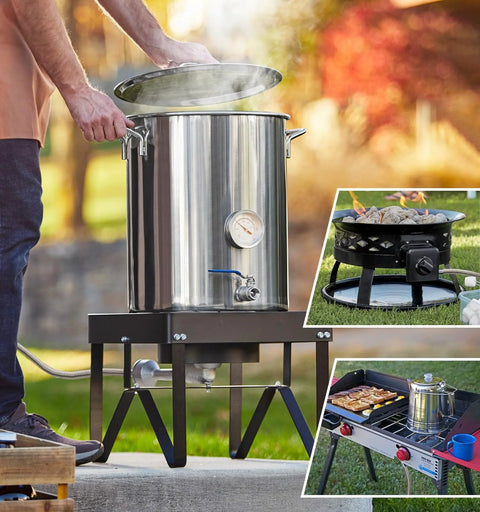 Front view: Stainless steel propane fryer pot on a metal stand with gauge, blue valve, and braided hose.