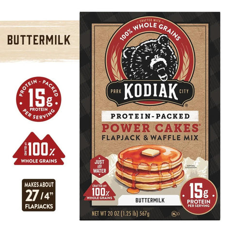 Packaging of Protein Pancake Power Cakes Buttermilk Mix Pack Of 6 Non GMO Flapjack And Waffle Breakfast Mix with 15g protein per serving