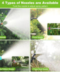 Image showing four types of nozzles for Cordless Garden Sprayer Wand With Telescopic 32 Inch Reach: fan, cone, 6 hole, F type dual nozzle.