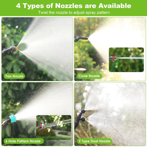 Image showing four types of nozzles for Cordless Garden Sprayer Wand With Telescopic 32 Inch Reach: fan, cone, 6 hole, F type dual nozzle.