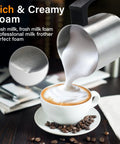4 In 1 Milk Frother And Steamer 500ml Stainless Steel Electric Foam Maker pouring foam into a cappuccino