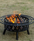 36 Inch Wood Burning Fire Pit With Spark Screen And Fire Poker For Outdoor Hangouts In The Yard Patio And Garden Durable Steel Cross Weave Design Built For Bonfires showcasing flames.