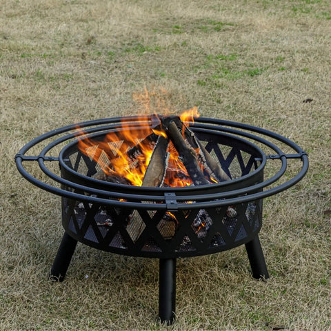36 Inch Wood Burning Fire Pit With Spark Screen And Fire Poker For Outdoor Hangouts In The Yard Patio And Garden Durable Steel Cross Weave Design Built For Bonfires showcasing flames.