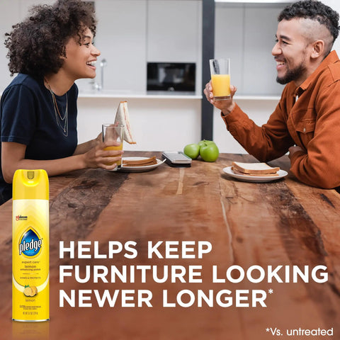 Quick Fix Wood Furniture Polish Spray For Stainless Steel And Hardwood Erases Sticky Fingerprints And Dust With A Zesty Lemon Scent on a dining table.